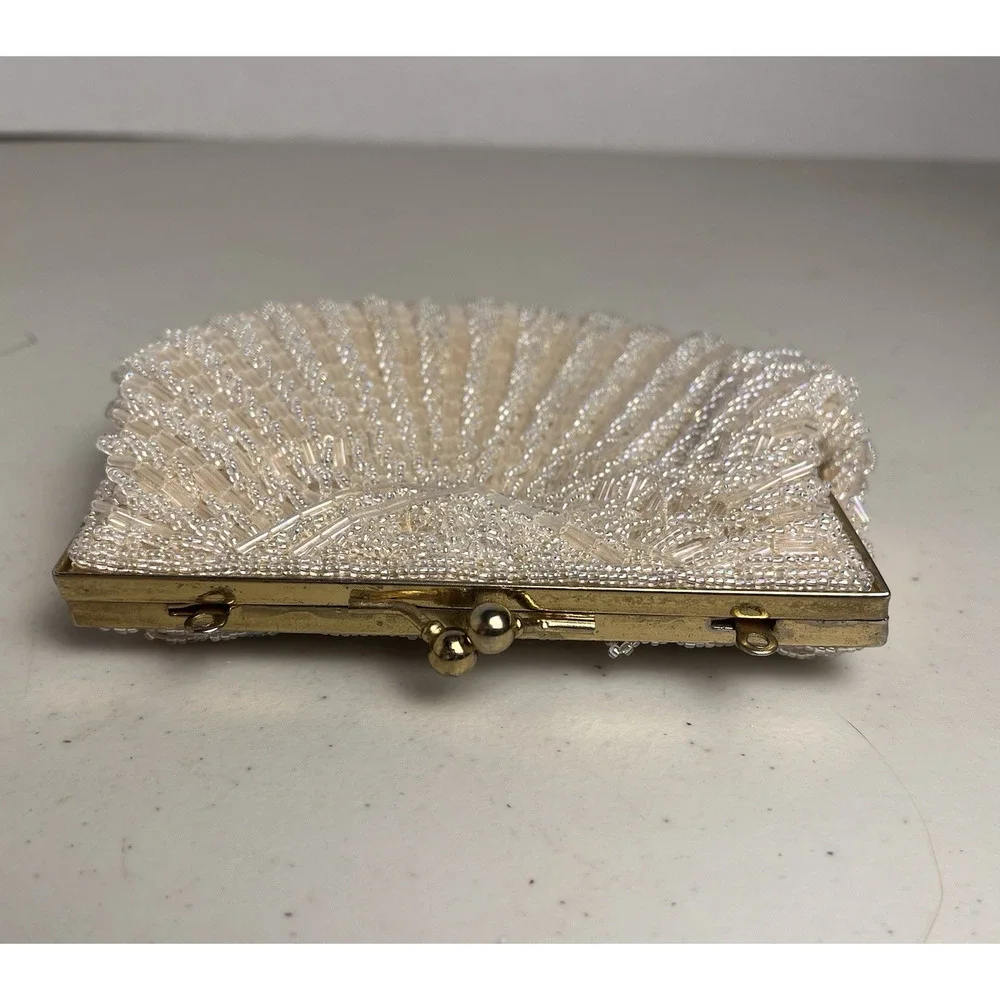 Cream Beaded Kiss Lock Clutch Evening Bag Vintage Retro Mid Century Handbag
